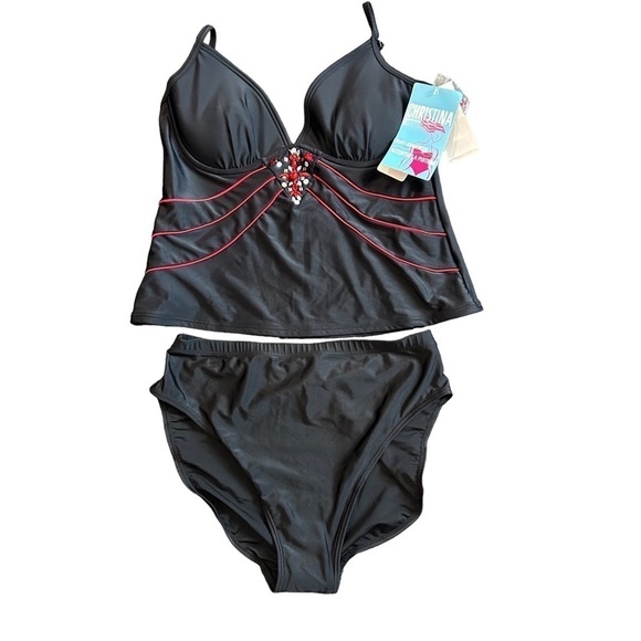 Christina Other - Christina Tankini Swimwear Bust Enhancer Black & Red Two Piece Swimsuit Sz. 12